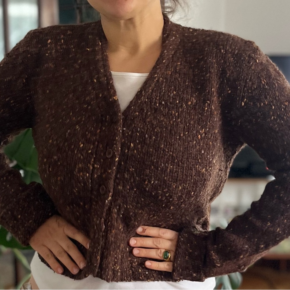 Vintage made in Hong Kong J Crew Brown 100% Wool Cropped Cardigan Sweater, M/L